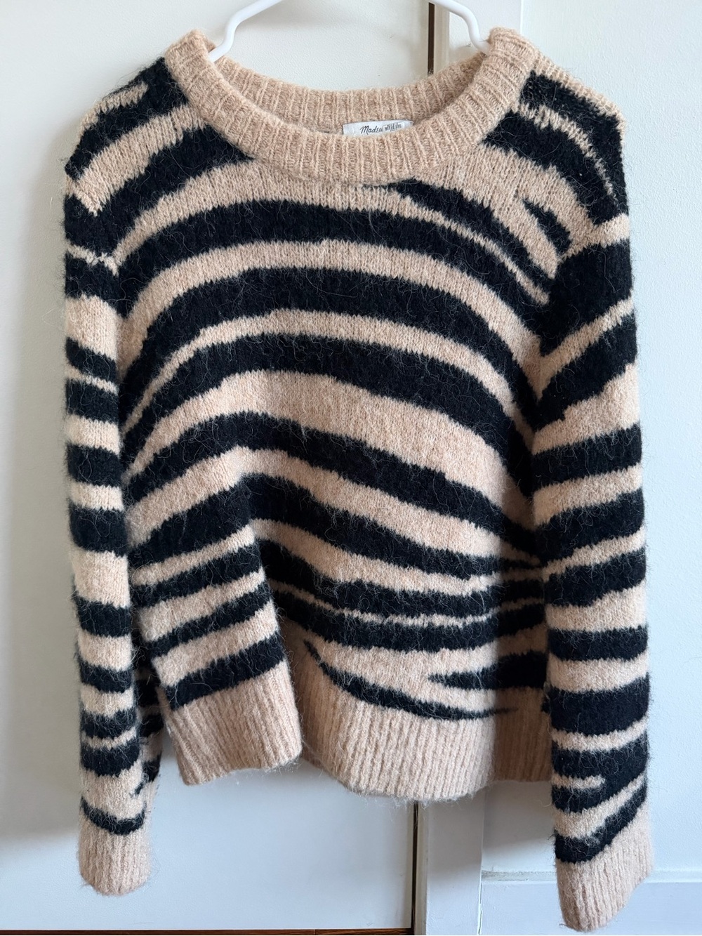 Madewell Beige and Black Fuzzy Zebra Stripe Crewneck Sweater